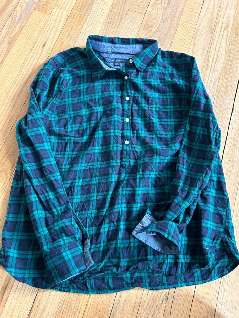 Long-Sleeve Green and Navy Plaid Shirt
